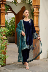 DA-2275 NAVY BLUE EMBROIDERED KURTA WITH DUPATTA